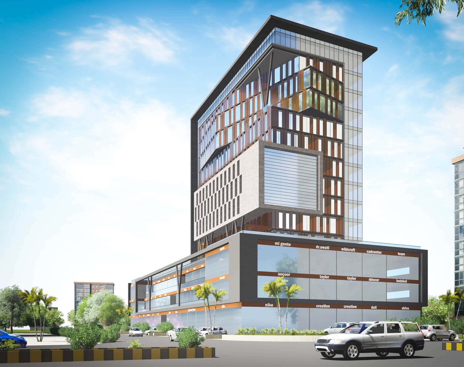 - Street-level view of the Unique Commercial Building’s angular glass and metal facade against the Ahmedabad skyline - Close-up of the building’s avant-garde exterior shapes and sustainable green-wall accents - Interior shot showcasing the flexible open-plan office space with floor-to-ceiling windows - Aerial perspective highlighting the tower’s distinctive silhouette and surrounding urban context - Evening façade illuminated to reveal the Unique Commercial Building’s dynamic architectural form