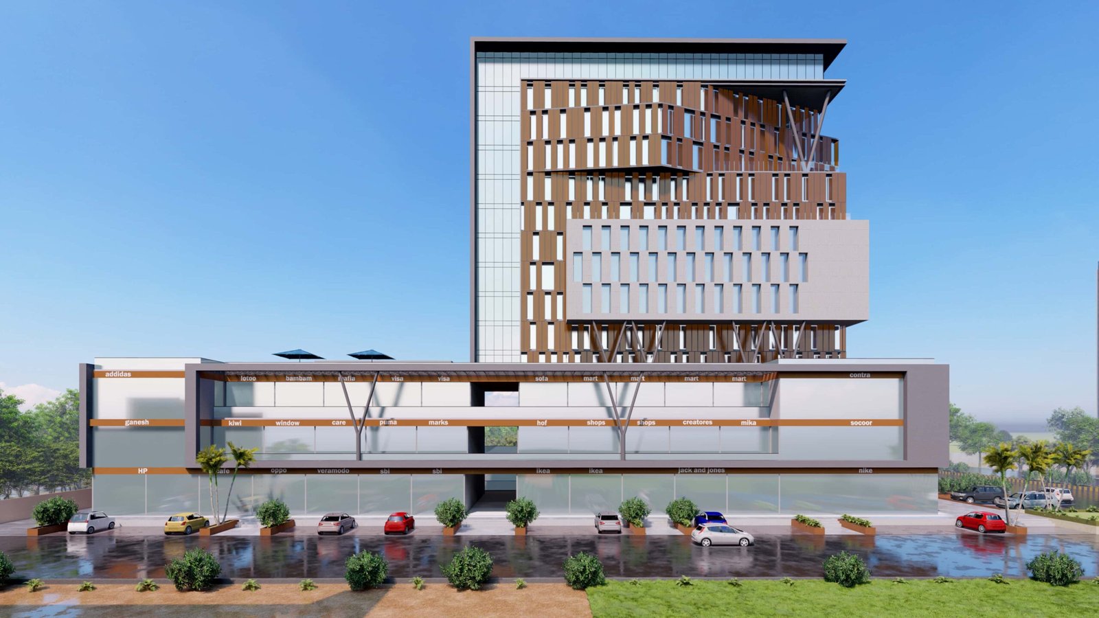 - Street-level view of the Unique Commercial Building’s angular glass and metal facade against the Ahmedabad skyline - Close-up of the building’s avant-garde exterior shapes and sustainable green-wall accents - Interior shot showcasing the flexible open-plan office space with floor-to-ceiling windows - Aerial perspective highlighting the tower’s distinctive silhouette and surrounding urban context - Evening façade illuminated to reveal the Unique Commercial Building’s dynamic architectural form