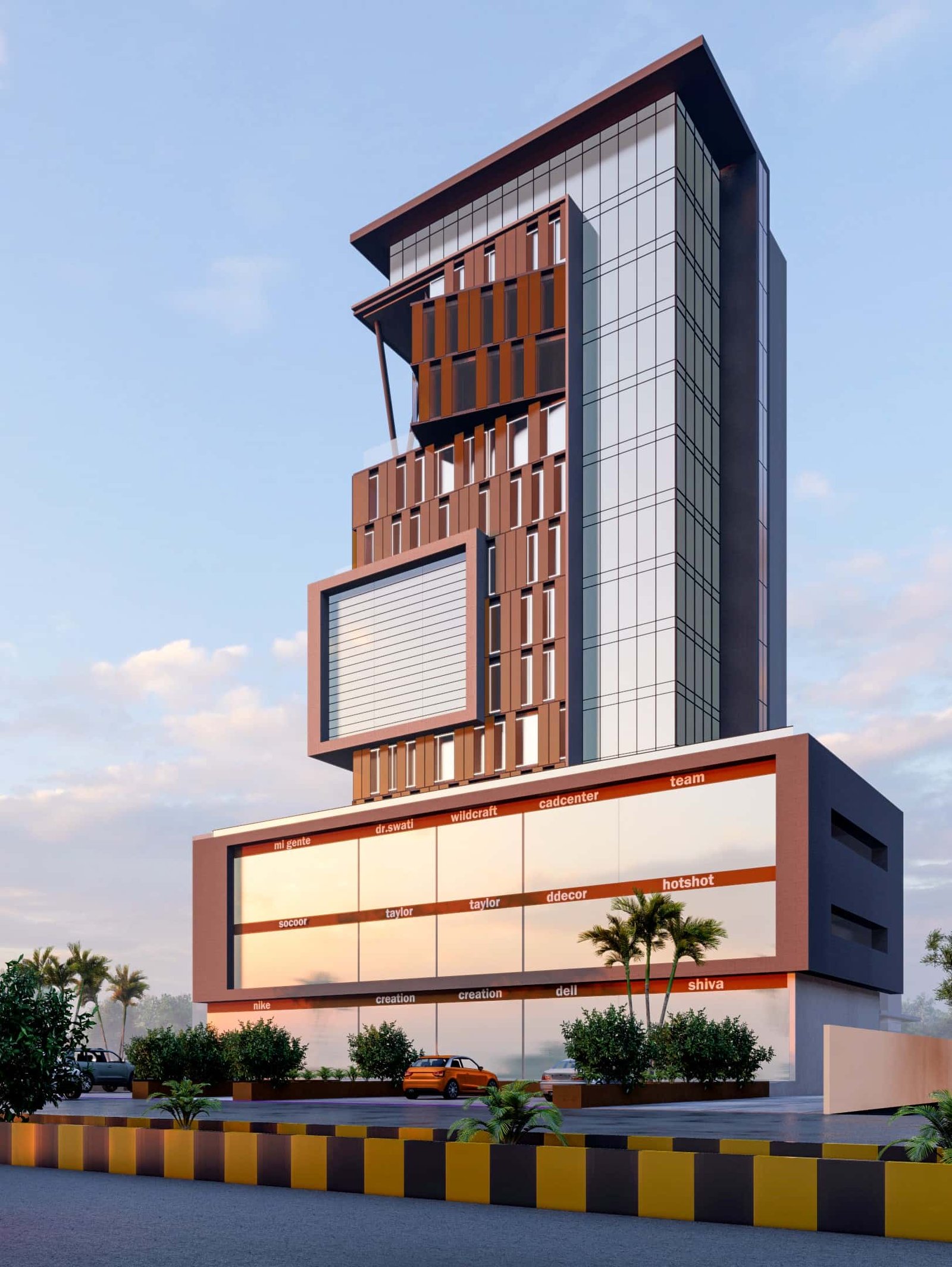 - Street-level view of the Unique Commercial Building’s angular glass and metal facade against the Ahmedabad skyline - Close-up of the building’s avant-garde exterior shapes and sustainable green-wall accents - Interior shot showcasing the flexible open-plan office space with floor-to-ceiling windows - Aerial perspective highlighting the tower’s distinctive silhouette and surrounding urban context - Evening façade illuminated to reveal the Unique Commercial Building’s dynamic architectural form
