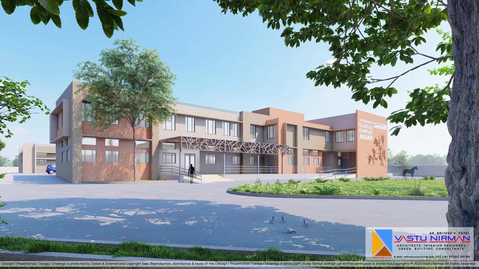 - Exterior view of the Veterinary Clinical Complex with its modern glass façade, entrance canopy, and landscaped pathway - Reception lobby showing a curved desk, pet-friendly seating, soothing wall finishes, and acoustic panels - Sterile surgical suite with a central operating table, overhead surgical lights, and medical equipment carts - Radiology room featuring a digital X-ray machine, control console behind protective glass, and ambient task lighting - Outdoor green courtyard with benches, walking paths, shaded pergolas, and planted borders