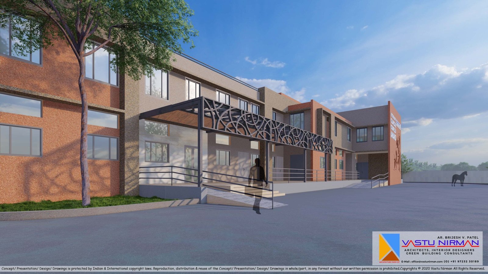 - Exterior view of the Veterinary Clinical Complex with its modern glass façade, entrance canopy, and landscaped pathway - Reception lobby showing a curved desk, pet-friendly seating, soothing wall finishes, and acoustic panels - Sterile surgical suite with a central operating table, overhead surgical lights, and medical equipment carts - Radiology room featuring a digital X-ray machine, control console behind protective glass, and ambient task lighting - Outdoor green courtyard with benches, walking paths, shaded pergolas, and planted borders