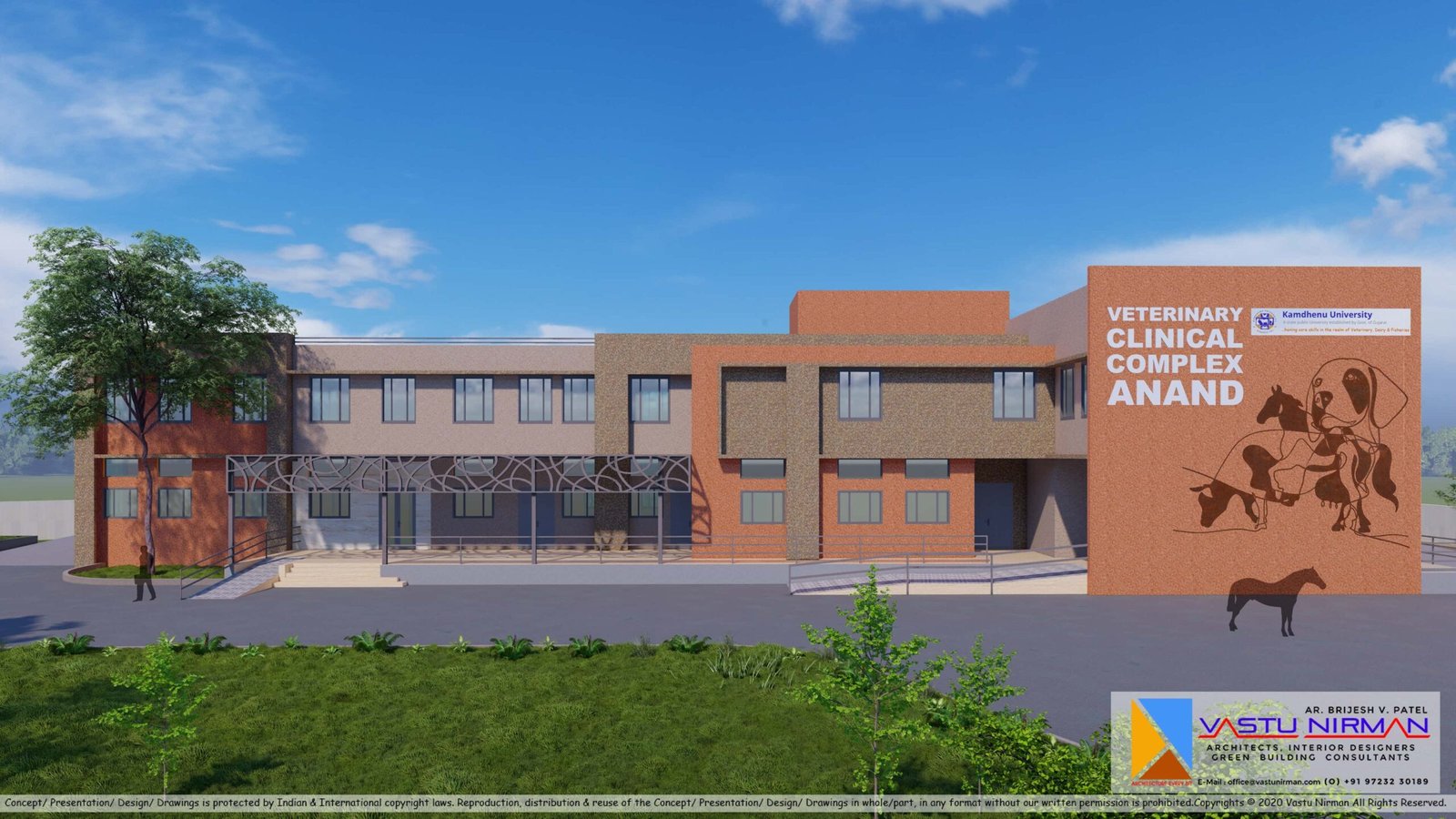 - Exterior view of the Veterinary Clinical Complex with its modern glass façade, entrance canopy, and landscaped pathway - Reception lobby showing a curved desk, pet-friendly seating, soothing wall finishes, and acoustic panels - Sterile surgical suite with a central operating table, overhead surgical lights, and medical equipment carts - Radiology room featuring a digital X-ray machine, control console behind protective glass, and ambient task lighting - Outdoor green courtyard with benches, walking paths, shaded pergolas, and planted borders