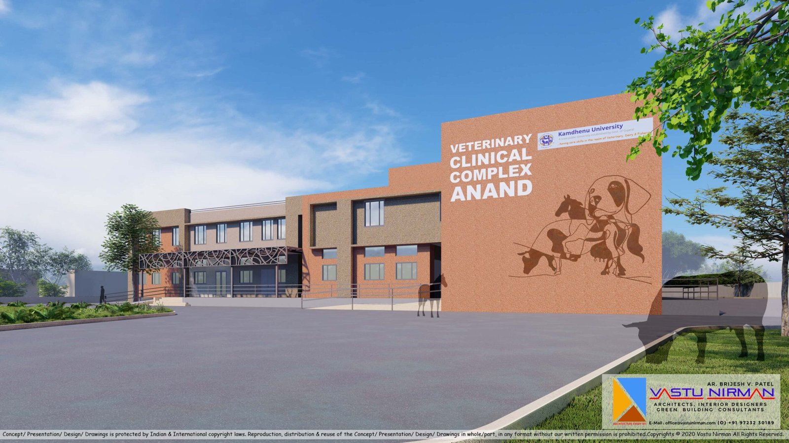 - Exterior view of the Veterinary Clinical Complex with its modern glass façade, entrance canopy, and landscaped pathway - Reception lobby showing a curved desk, pet-friendly seating, soothing wall finishes, and acoustic panels - Sterile surgical suite with a central operating table, overhead surgical lights, and medical equipment carts - Radiology room featuring a digital X-ray machine, control console behind protective glass, and ambient task lighting - Outdoor green courtyard with benches, walking paths, shaded pergolas, and planted borders