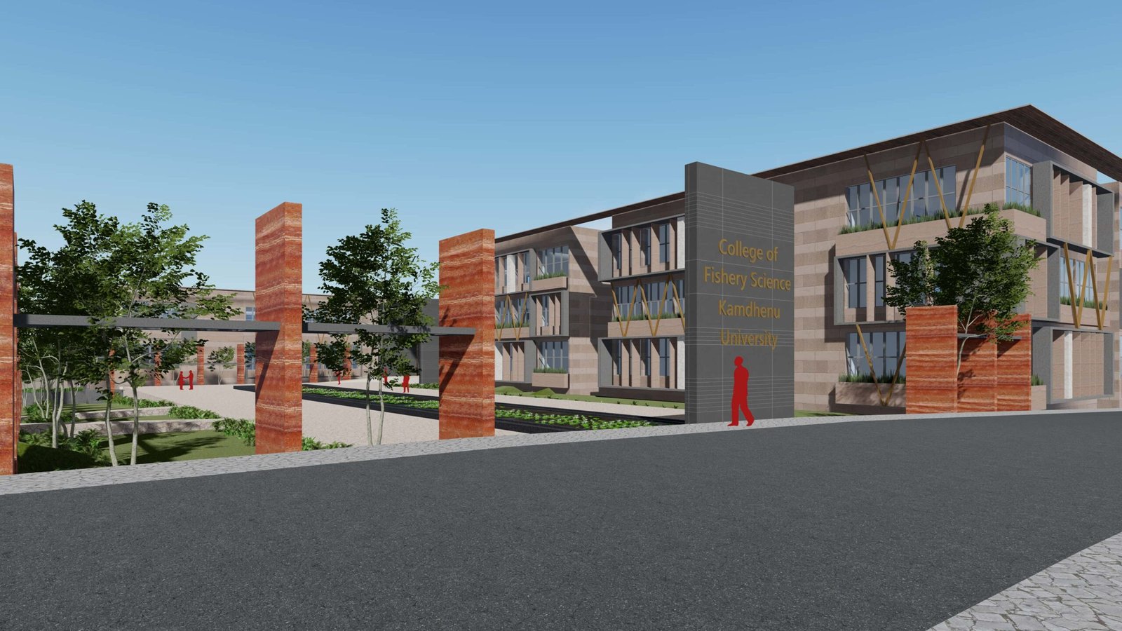 - Aerial rendering of the proposed Veterinary Science College Campus at Kamdhenu University in Himmatnagar - Conceptual view of modern classrooms and laboratories in the Kamdhenu University veterinary campus design - Landscaped central courtyard with rainwater harvesting at the Veterinary Science College Campus proposal - Organic-shaped lecture hall façade in the Veterinary Science College Campus competition entry - Solar panels and green roofs integrated into the Veterinary Science College Campus architectural concept