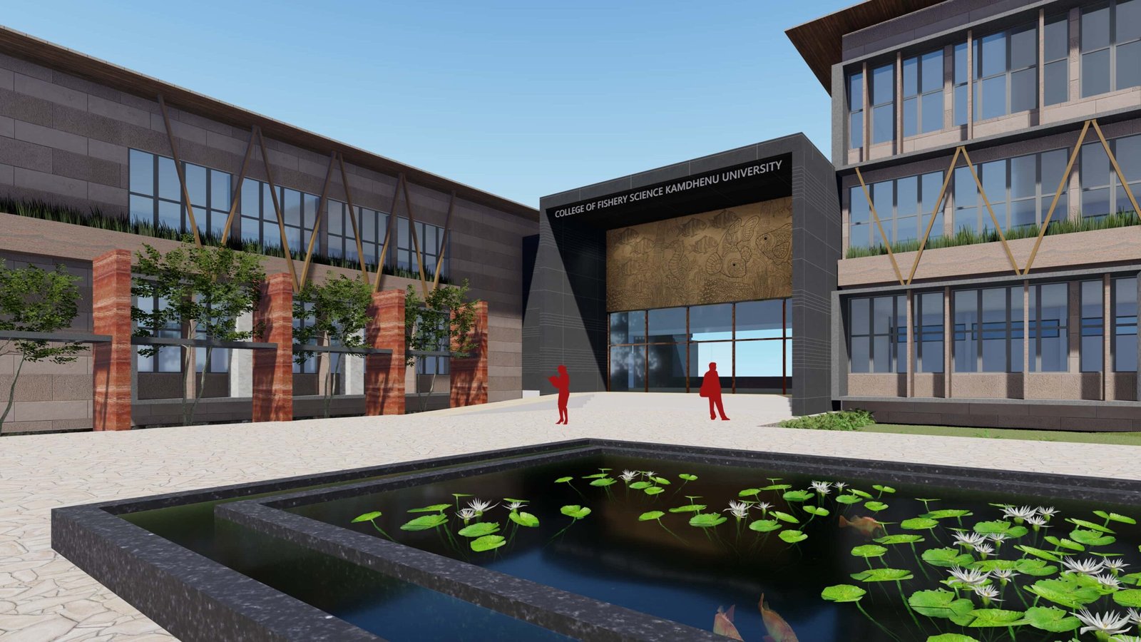 - Aerial rendering of the proposed Veterinary Science College Campus at Kamdhenu University in Himmatnagar - Conceptual view of modern classrooms and laboratories in the Kamdhenu University veterinary campus design - Landscaped central courtyard with rainwater harvesting at the Veterinary Science College Campus proposal - Organic-shaped lecture hall façade in the Veterinary Science College Campus competition entry - Solar panels and green roofs integrated into the Veterinary Science College Campus architectural concept