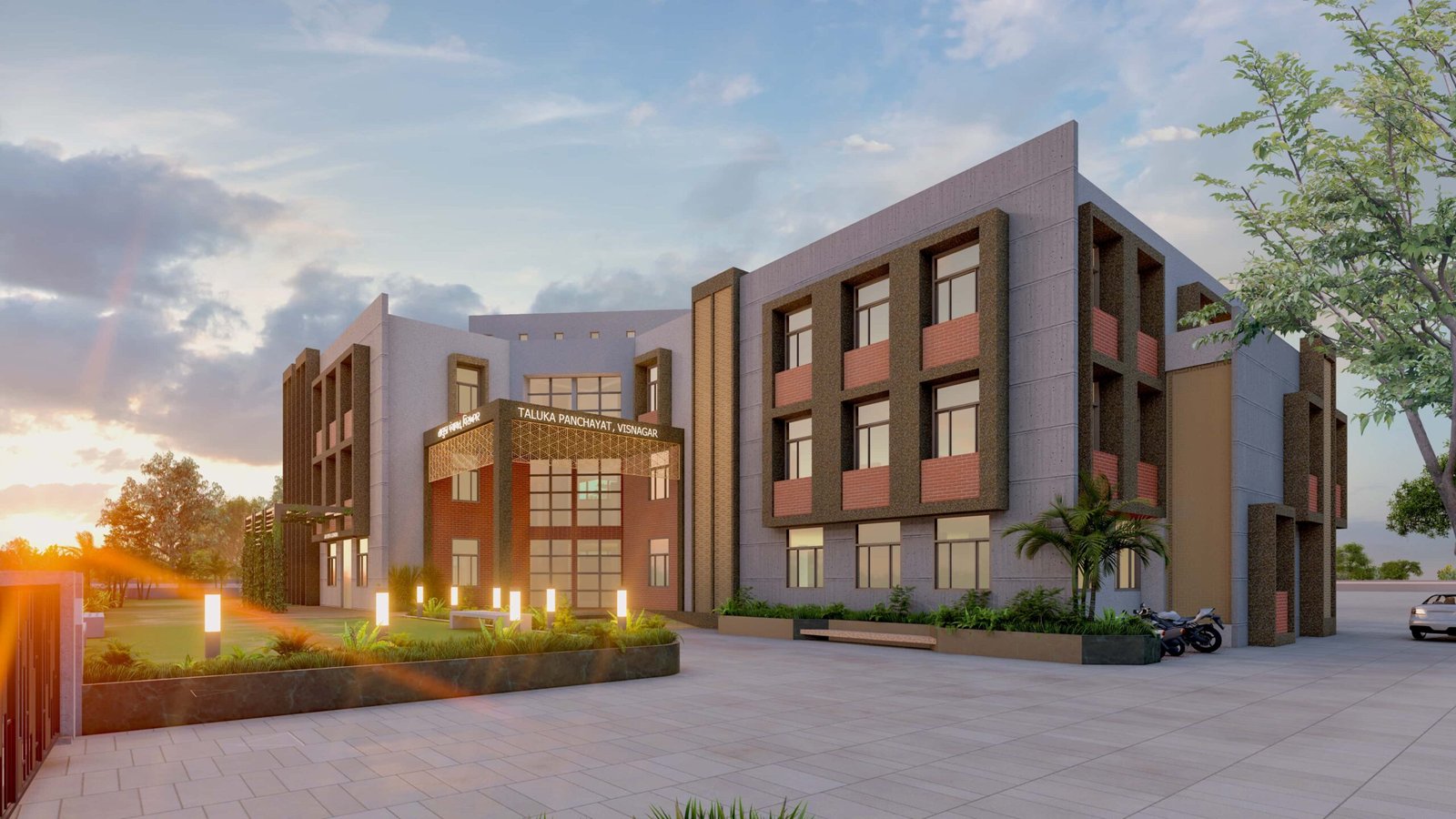 - Exterior view of Visnagar Taluka Panchayat building with contemporary façade and landscaped forecourt - Wide-angle shot of the public plaza in front of Visnagar Taluka Panchayat, showing seating areas and civic banners - Glass-fronted entrance of Visnagar Taluka Panchayat with accessible ramps and inviting canopy - Interior meeting hall of Visnagar Taluka Panchayat featuring modular seating and natural daylight - Nighttime elevation of Visnagar Taluka Panchayat illuminated to highlight its architectural details