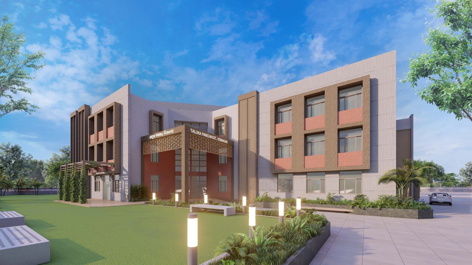 - Exterior view of Visnagar Taluka Panchayat building with contemporary façade and landscaped forecourt - Wide-angle shot of the public plaza in front of Visnagar Taluka Panchayat, showing seating areas and civic banners - Glass-fronted entrance of Visnagar Taluka Panchayat with accessible ramps and inviting canopy - Interior meeting hall of Visnagar Taluka Panchayat featuring modular seating and natural daylight - Nighttime elevation of Visnagar Taluka Panchayat illuminated to highlight its architectural details