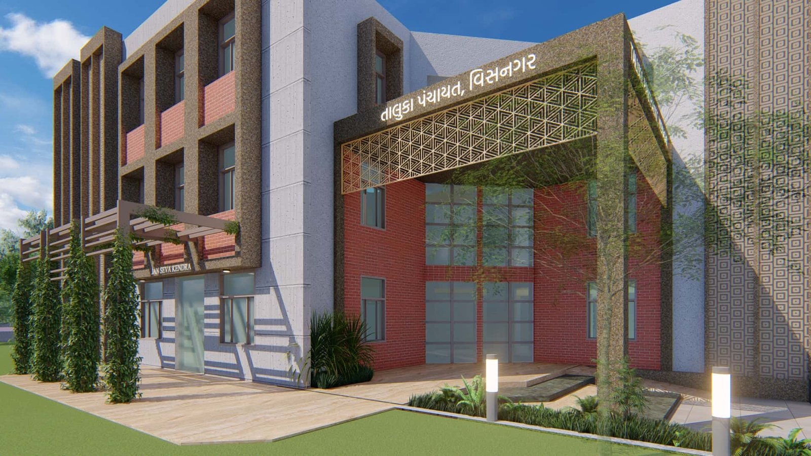- Exterior view of Visnagar Taluka Panchayat building with contemporary façade and landscaped forecourt - Wide-angle shot of the public plaza in front of Visnagar Taluka Panchayat, showing seating areas and civic banners - Glass-fronted entrance of Visnagar Taluka Panchayat with accessible ramps and inviting canopy - Interior meeting hall of Visnagar Taluka Panchayat featuring modular seating and natural daylight - Nighttime elevation of Visnagar Taluka Panchayat illuminated to highlight its architectural details